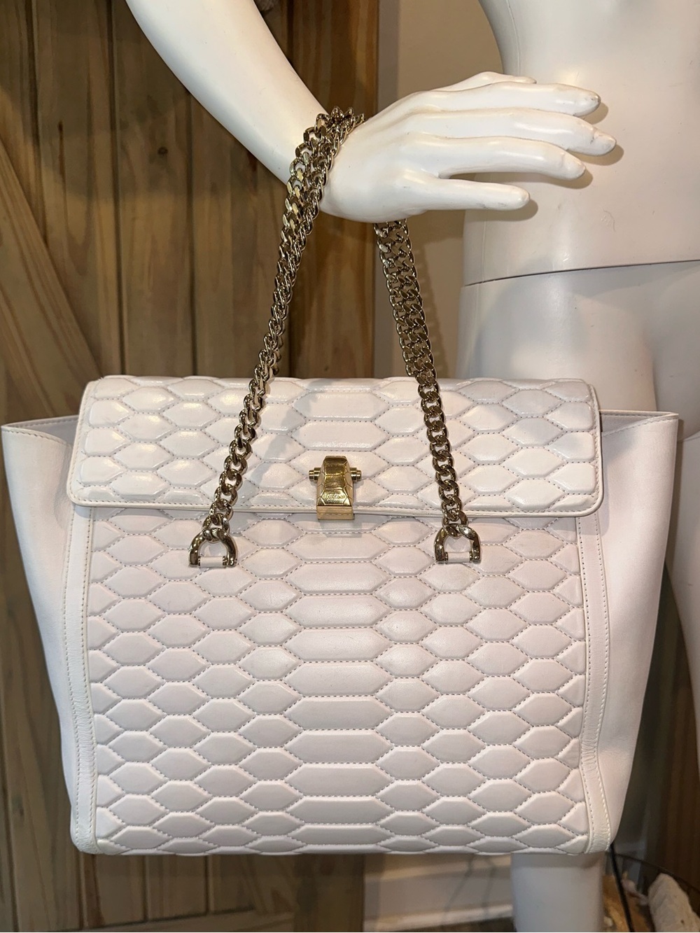 Stunning Roberto Cavalier snake python quilted white gold link Chain Bag